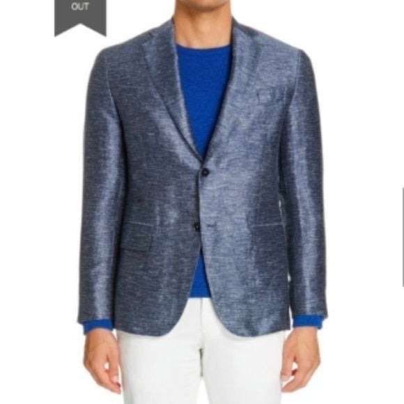 1295 Eidos Napoli Balthazar Trim Fit Linen Blend Sport Coat Size EU 52 7R Blue