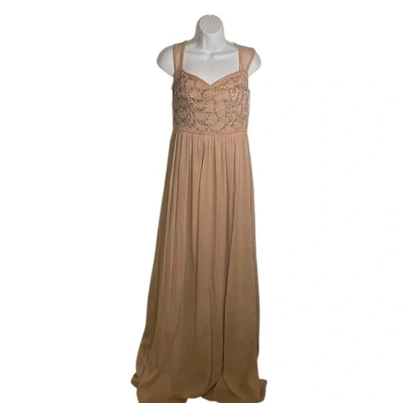 Adrianna Papell Elegant Sequin Dress with empire waist. Champagne color, size 8M