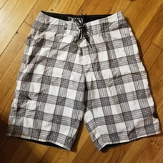 Lost Board Shorts Drawstring Plaid White Crown Wings Men's Size 31 Inseam 10.5