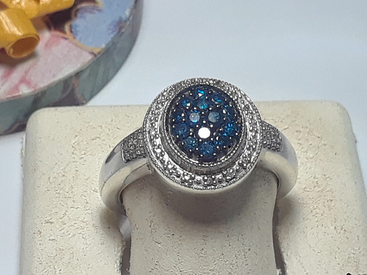 Estate .50ctw Real Blue & White Diamond Oval Halo Sterling Silver S-10 Ring19883