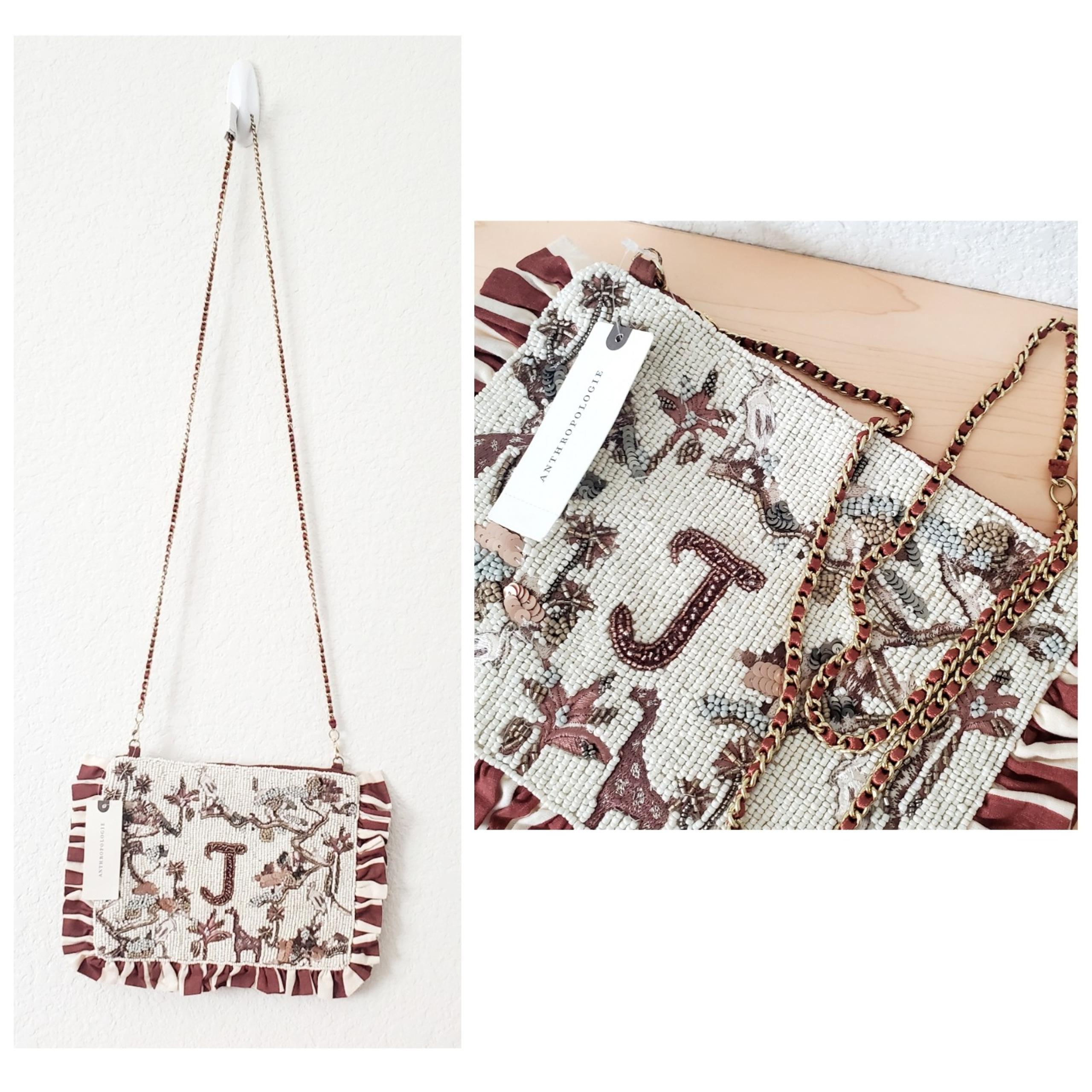 Anthropologie Anna Harlow Russo Beaded Monogram J Clutch Chain Strap Crossbody