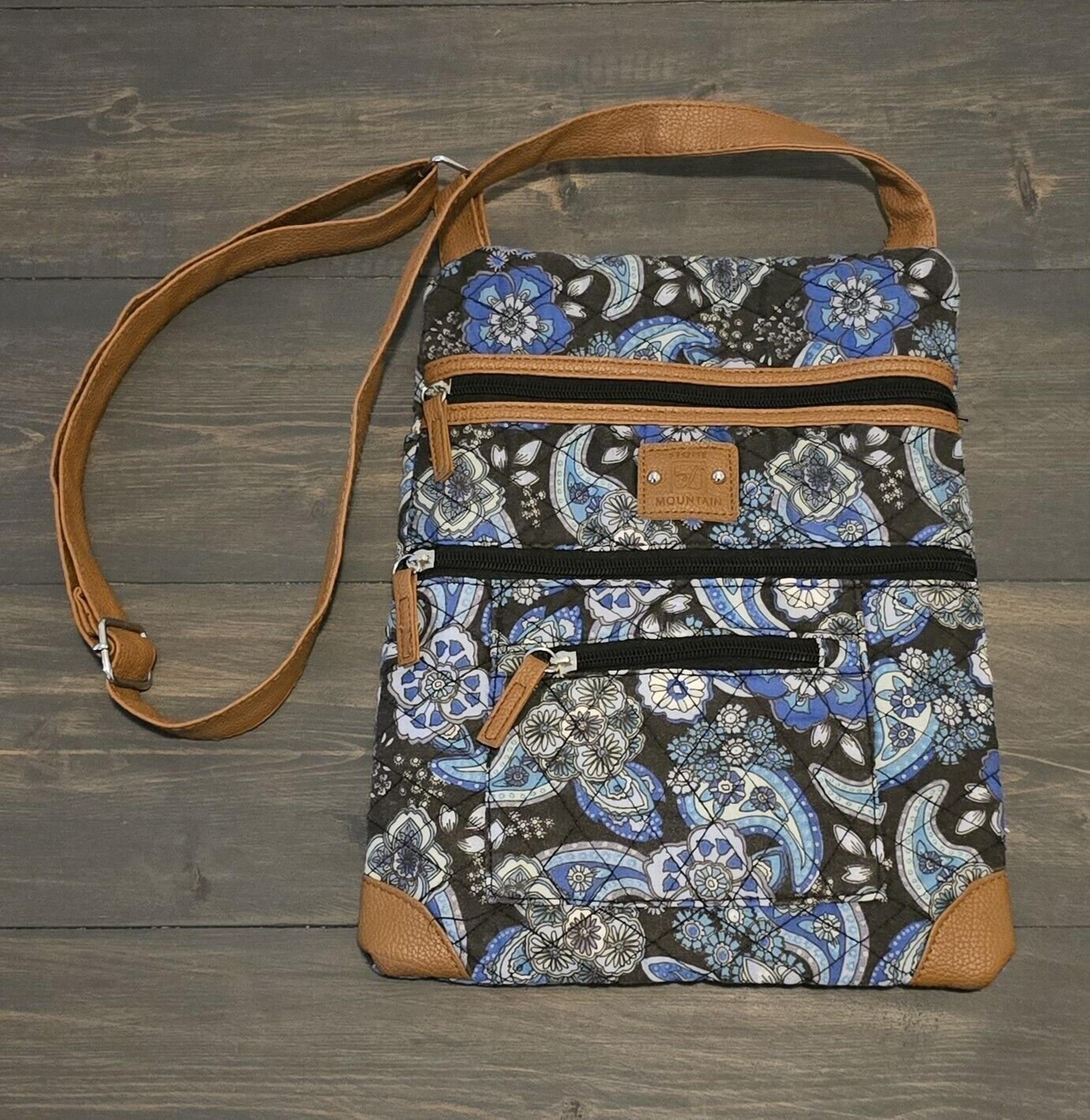 Stone Mountain Blue Paisley Crossbody Bag Zipper Pockets Floral Quilted GUC