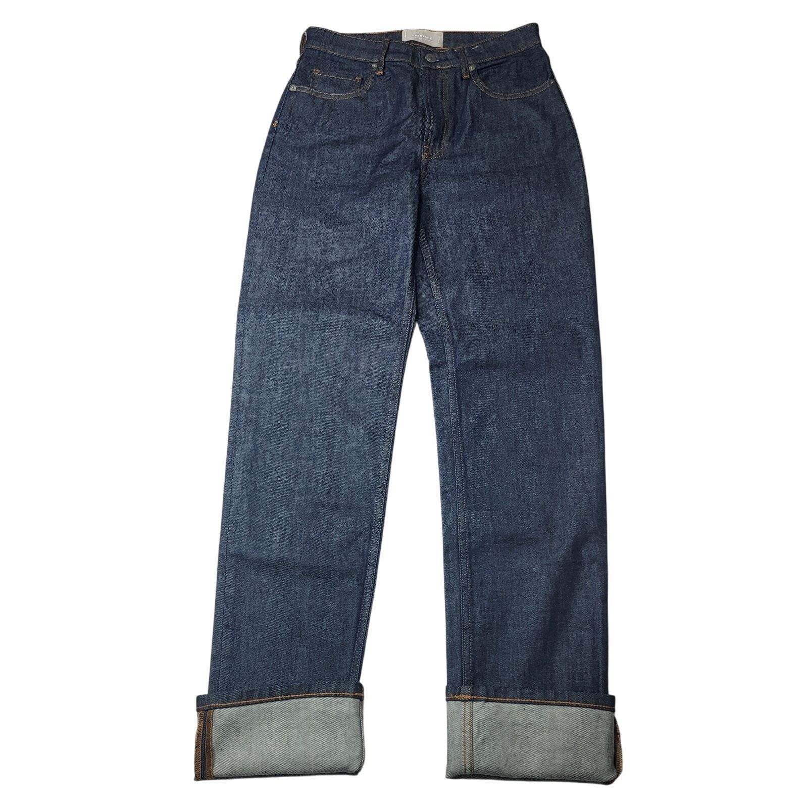 Everlane The High Rise Straight Jeans Dark Wash Rolled Cuffs Relaxed Denim 27