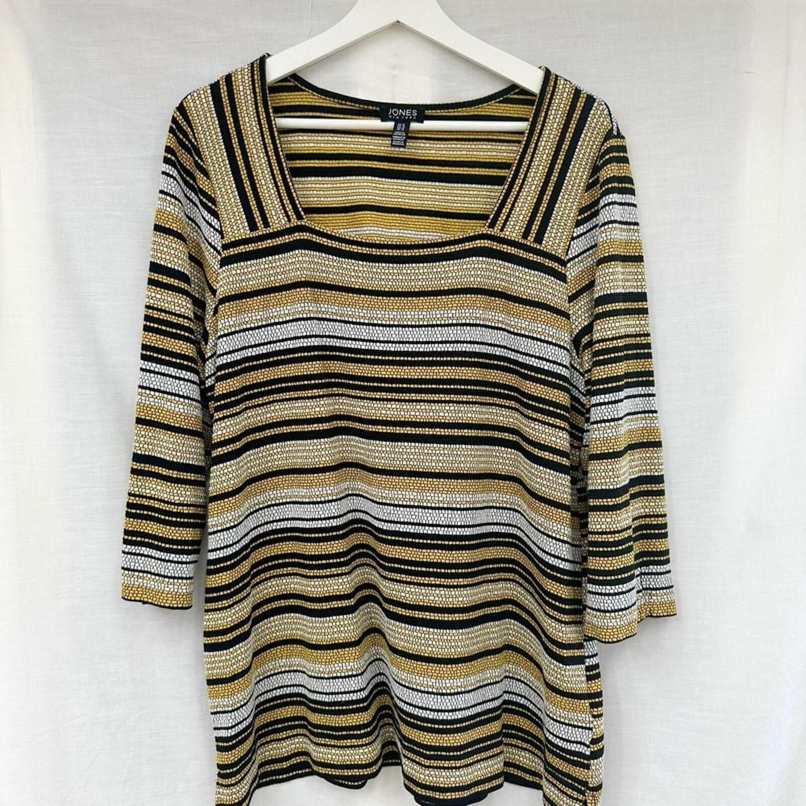 Jones New York Square Neck Knit Top Blouse Women's 1X Striped Mustard Black