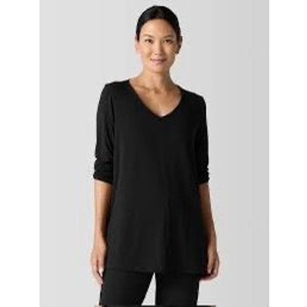 Eileen Fisher Black Fine Jersey V-Neck Long Tunic Top