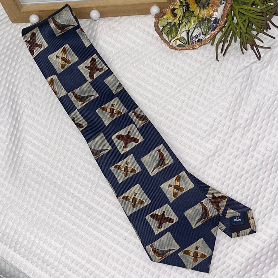 Polo Ralph Lauren Wide Silk Tie Pheasant Quail Bird Blue Green Handmade Italy