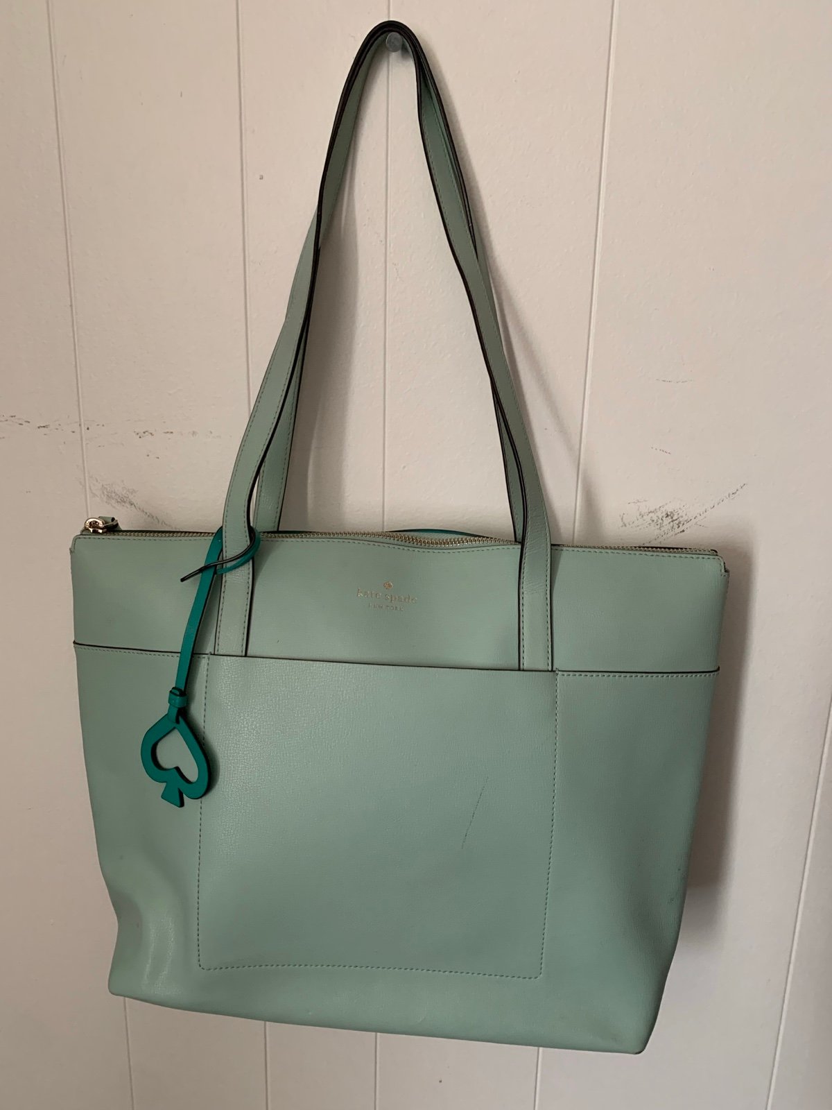 KATE SPADE Mint Green Large Leather Tote BAG Zipper Double Handle Teal Hangtag