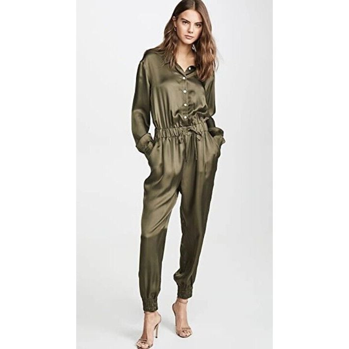 CINQ À SEPTJoyce Long-sleeve Button-front Jogger Jumpsuit In Tan