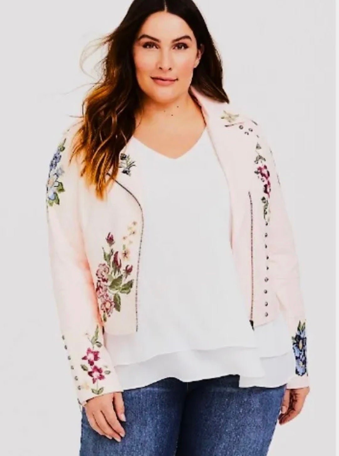 Torrid blush faux leather embroidered studded motorcycle jacket 4 Spring