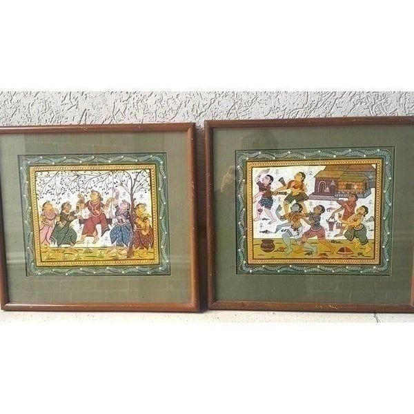 Set of 2 Indian Pattachitra Paintings Radha Krishna Art Framed Courting Couples