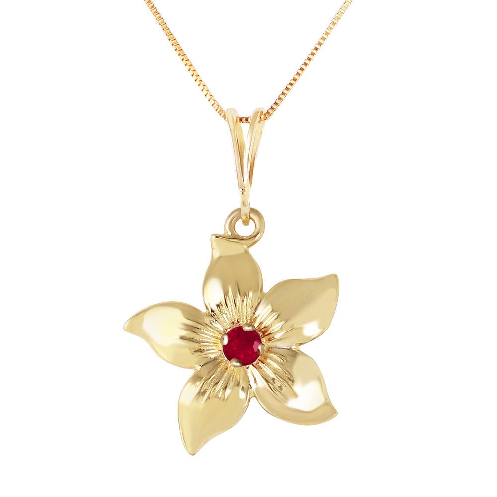 14K. SOLID GOLD FLOWER NECKLACE WITH NATURAL RUBY (Yellow Gold)
