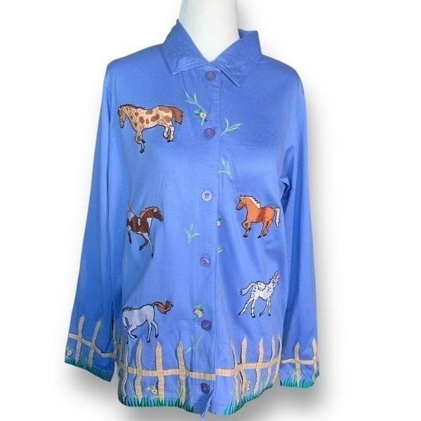 Vintage Michael Simon Lite Blue Embroidered Horse Animal Print Collared Shirt
