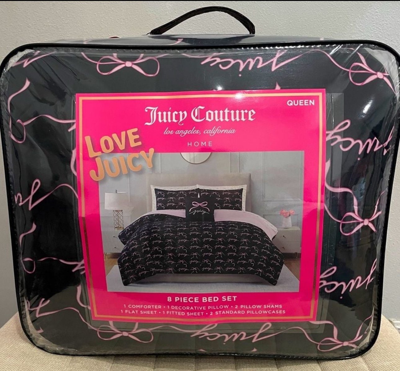 Juicy Couture Black & Pink Bow Queen 8 Piece Bed Set