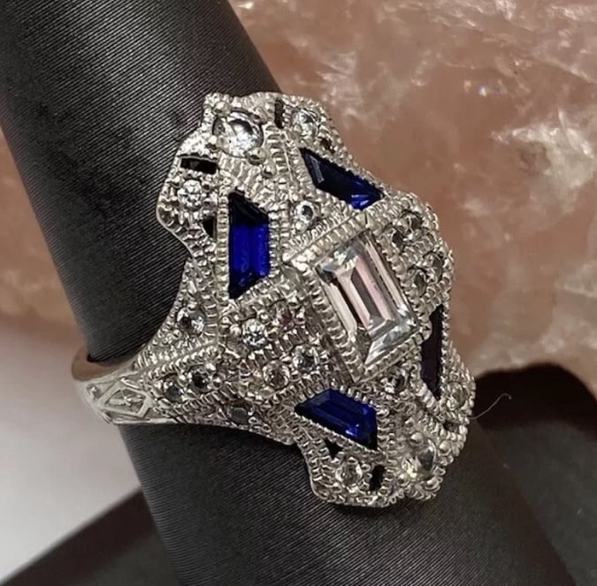 ROSS SIMONS STERLING SILVER CLEAR AND BLUE CZ ART DECO STYLE RING SIZE 6.5