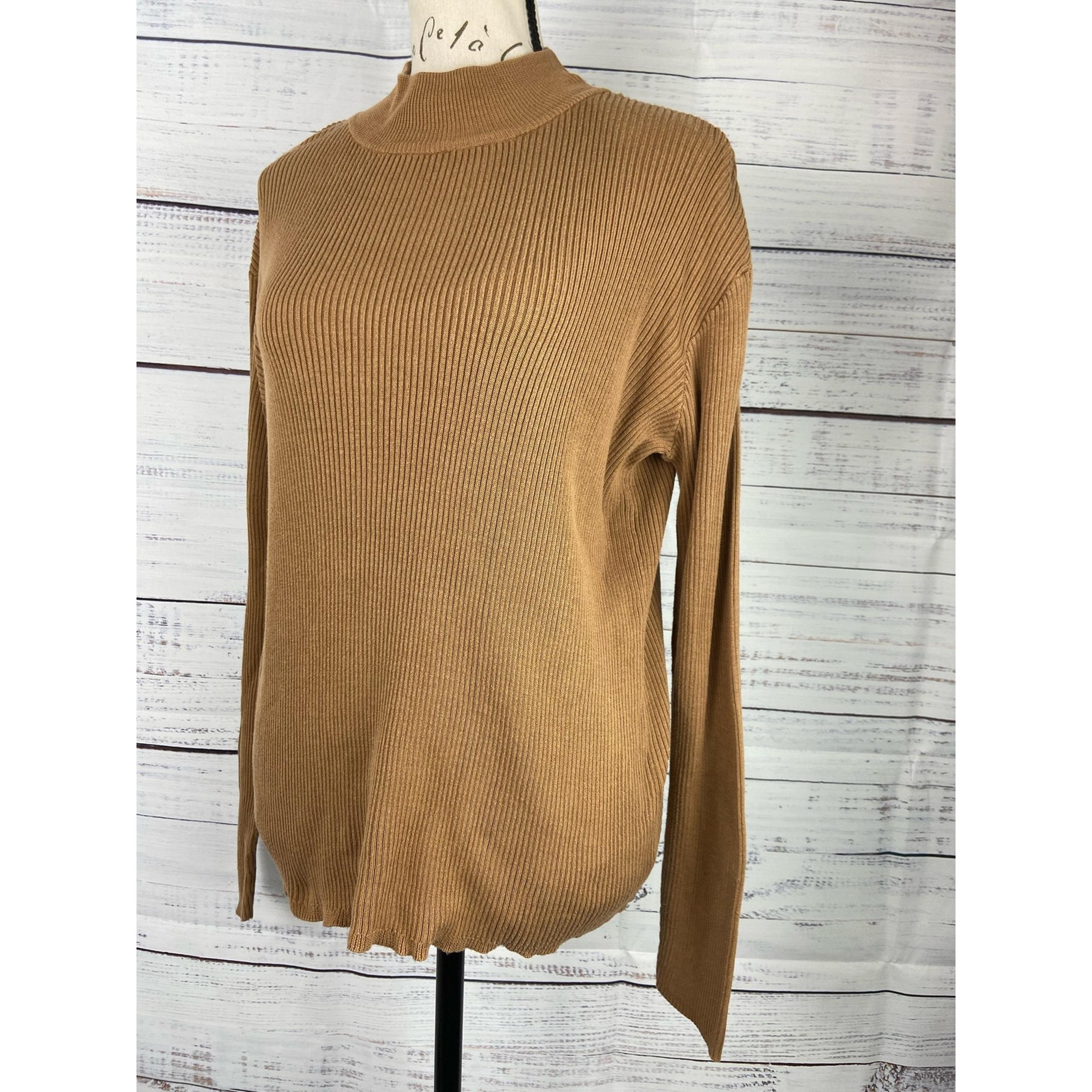 Coldwater Creek Ribbed Knit Sweater Womens M Mock Neck Silk Cotton Brown
