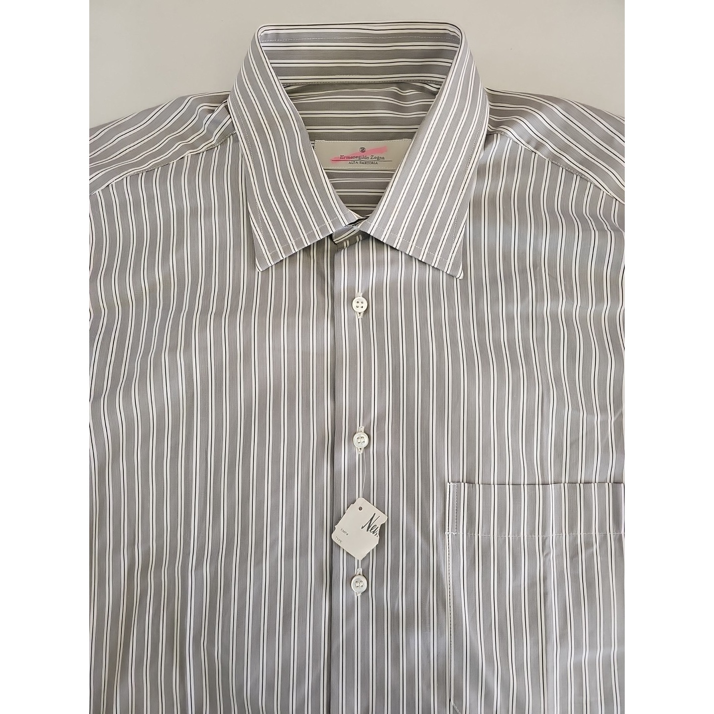 ERMENEGILDO ZEGNA Premium Gray-White Striped Dress Shirt Large