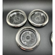 Vintage Italian Starburst Crystal Glass Silver Plate Coaster/Ashtray Set of 3