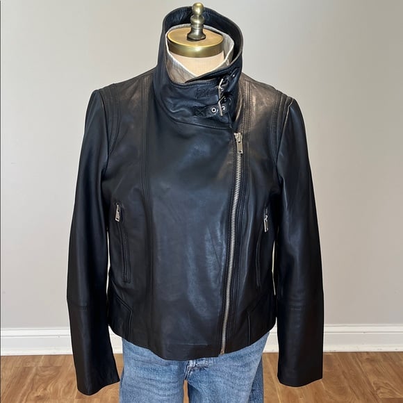 Mango Black Leather Moto Jacket with High Collar buckles size M-L