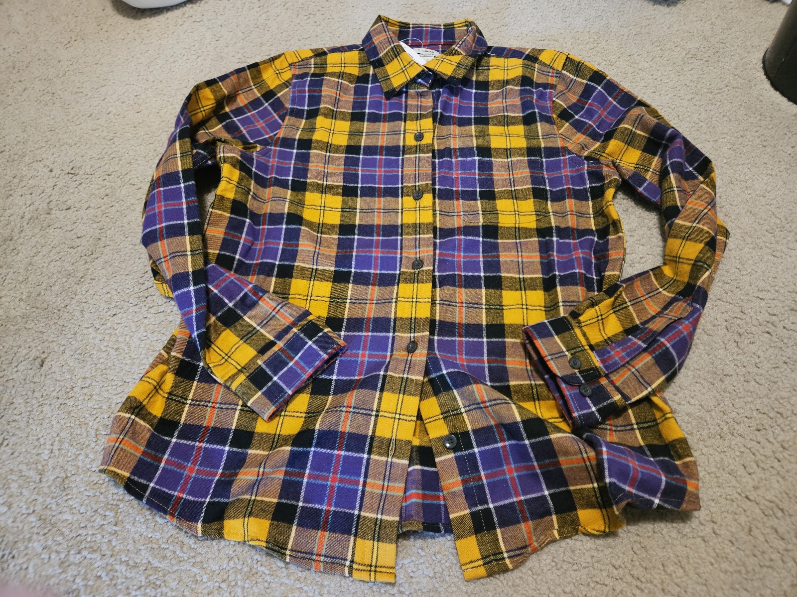 LL Bean Women's L Reg Relaxed Fit Scotch Plaid Flannel Shirt Yellow Purple NWT.