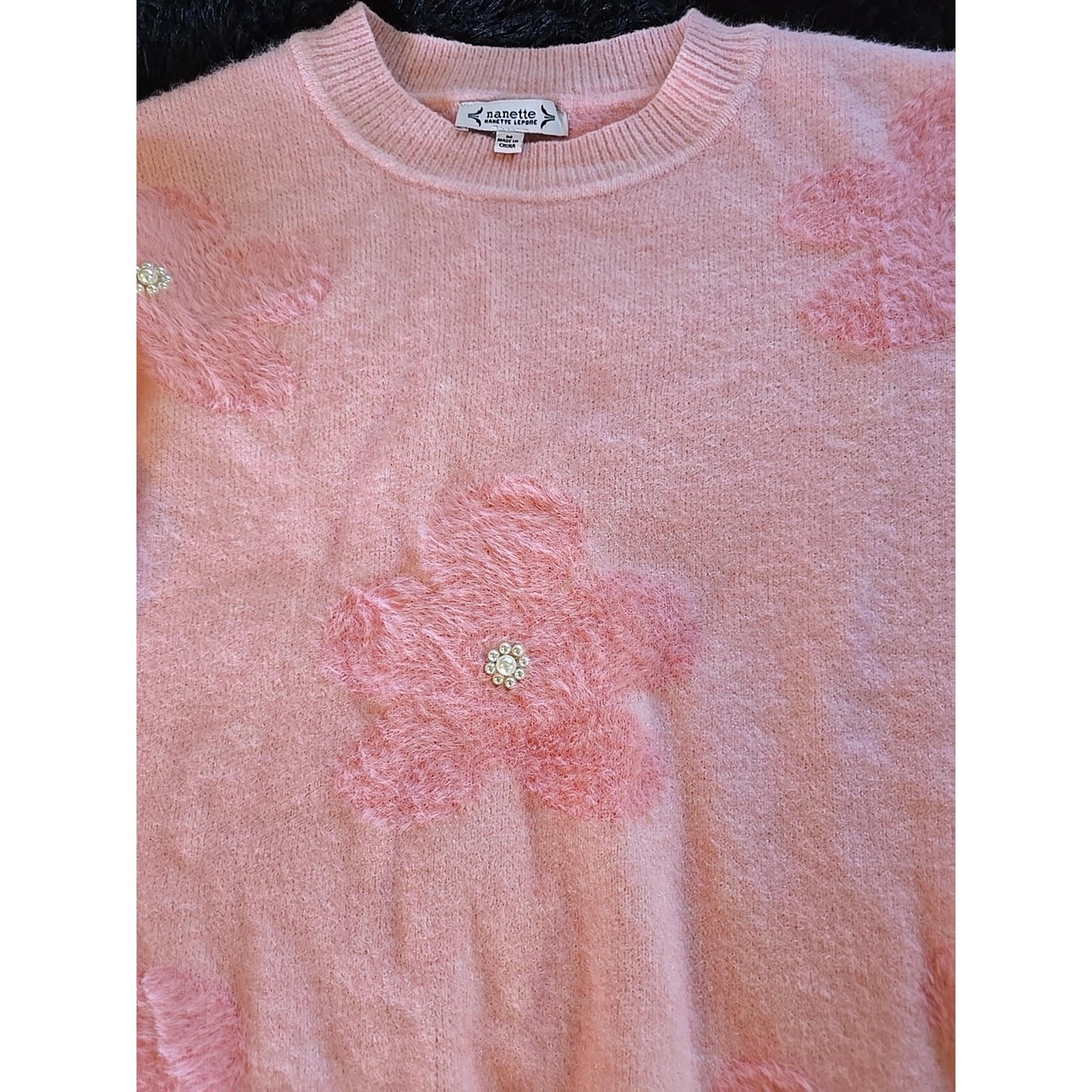 Nanette Lepore Soft Pink Fuzzy Flower & Pearl Crew Neck Sweater Size Medium