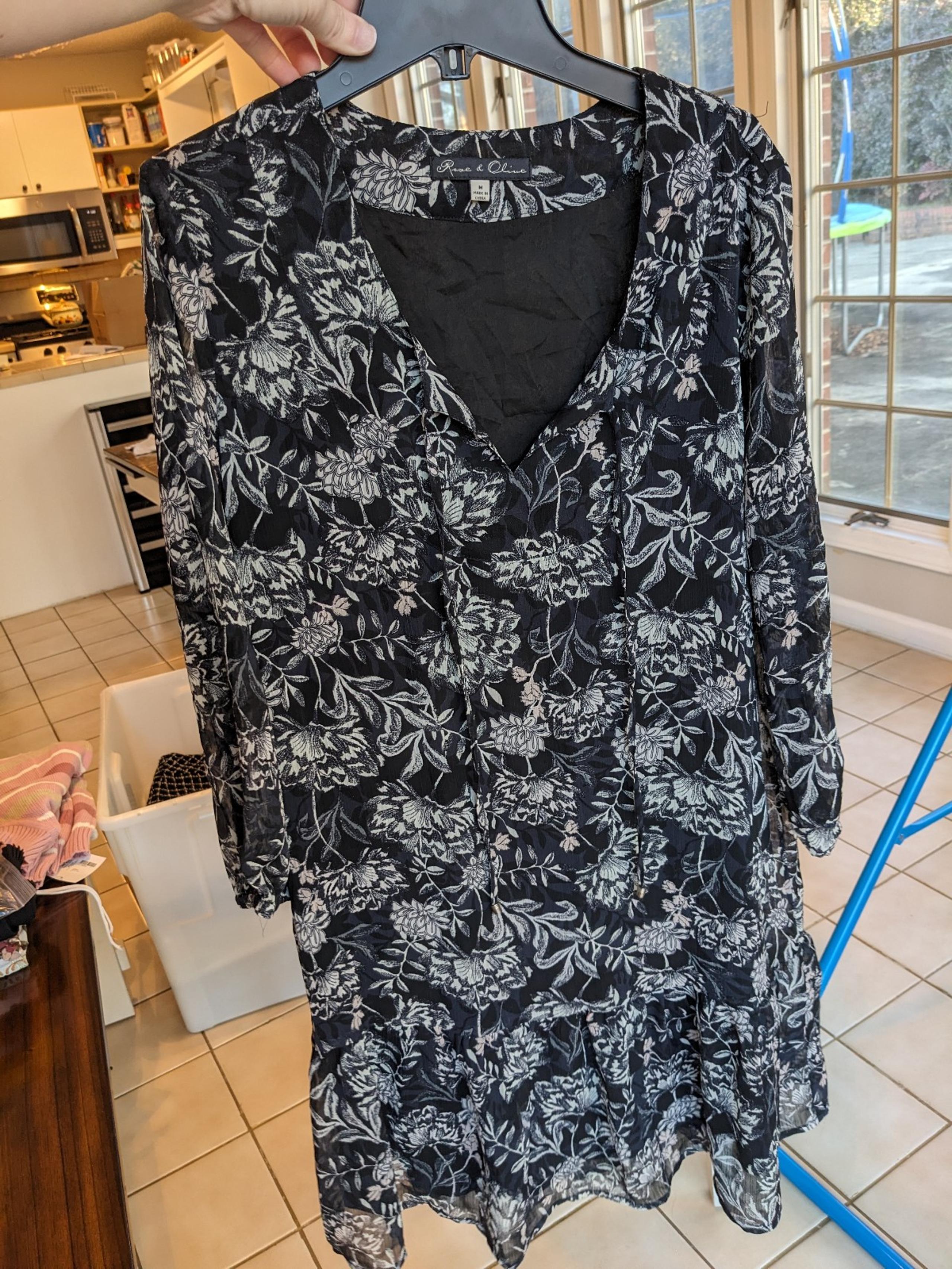 Rose & Olive Dress Drop Hem Peasant Black Creme Floral Print Boho medium