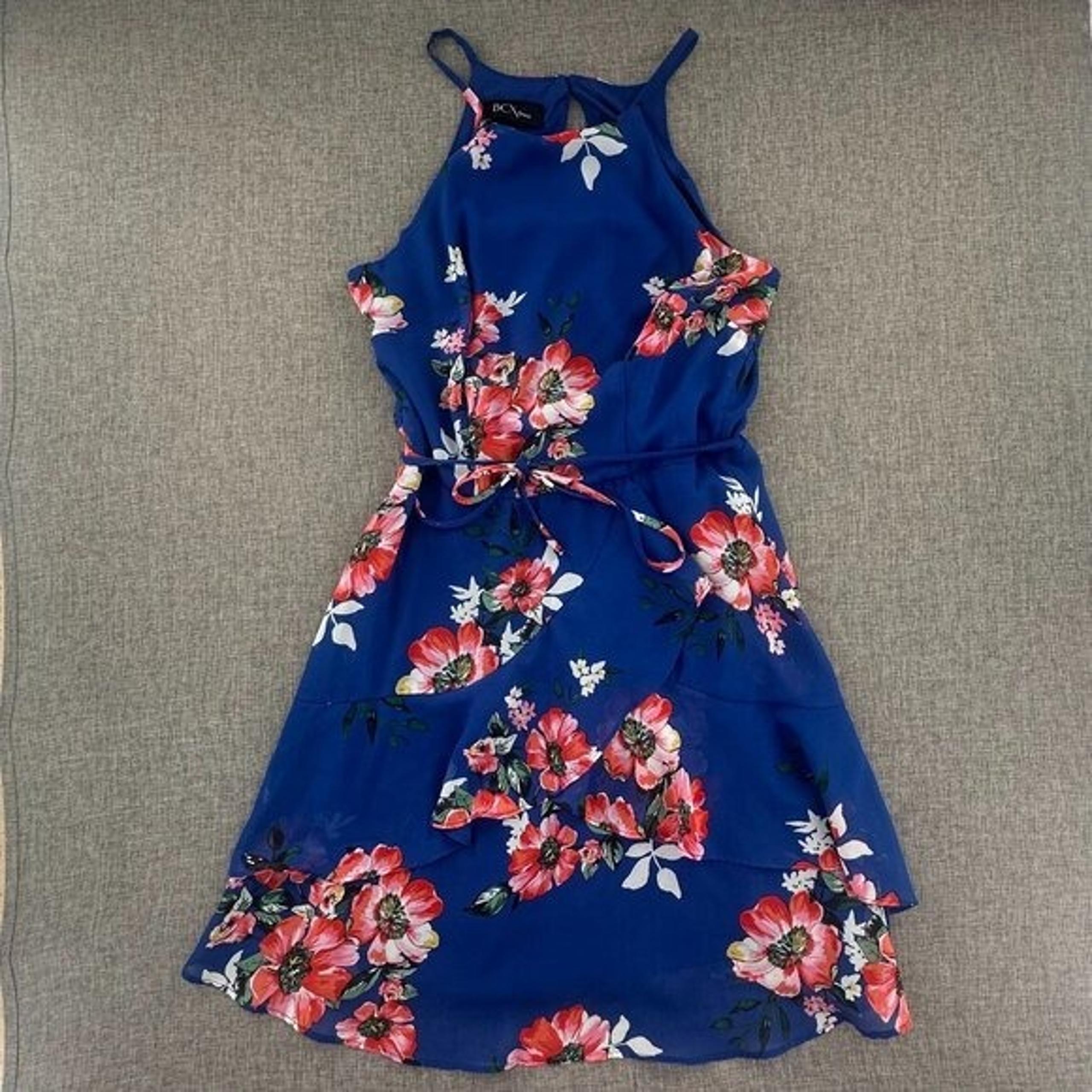 BCX Fit & Flare Dress Juniors Small Floral Sleeveless Blue Lined Elastic Tie Wai