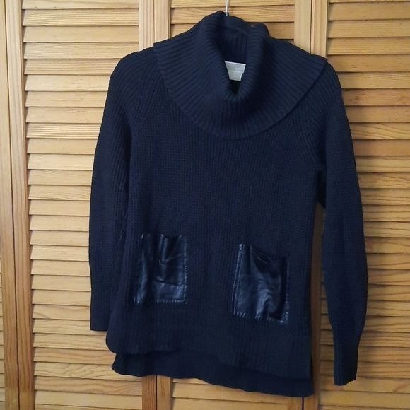 Michael Michael Kors Black Cotton Cable Knit Faux Leather Pocket Sweater Size P