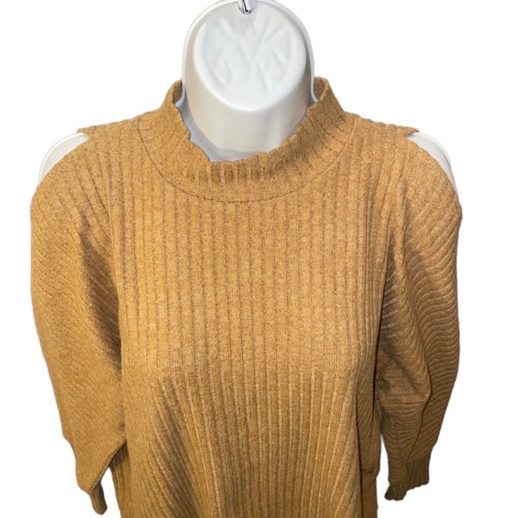 THML gold color size medium pull over sweater with cut out shoulders