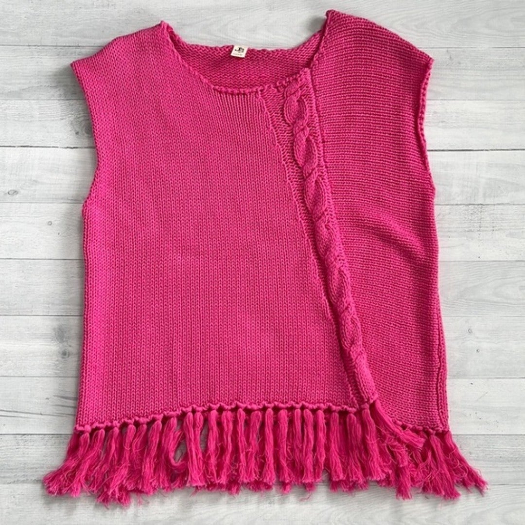 JS71 Hot Pink Fringe Braided Knit Sleeveless Sweater