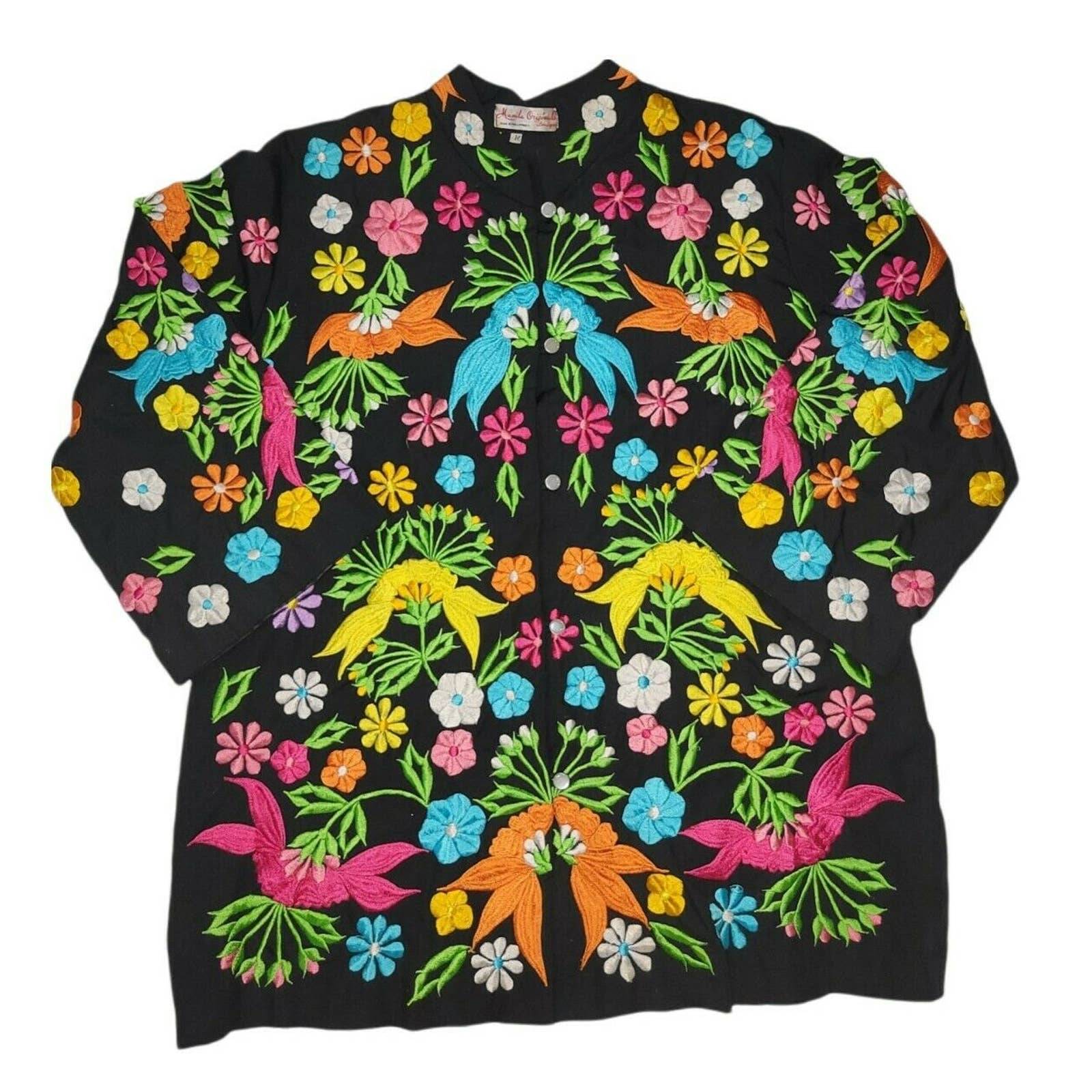 Vintage Colorful Heavy Embroidered Floral Button Blouse Top Jacket Art to Wear M