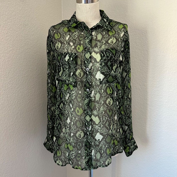 Equipment Femme Button Up Sheer Shirt Lightweight Snake Print Green Color Sz S
