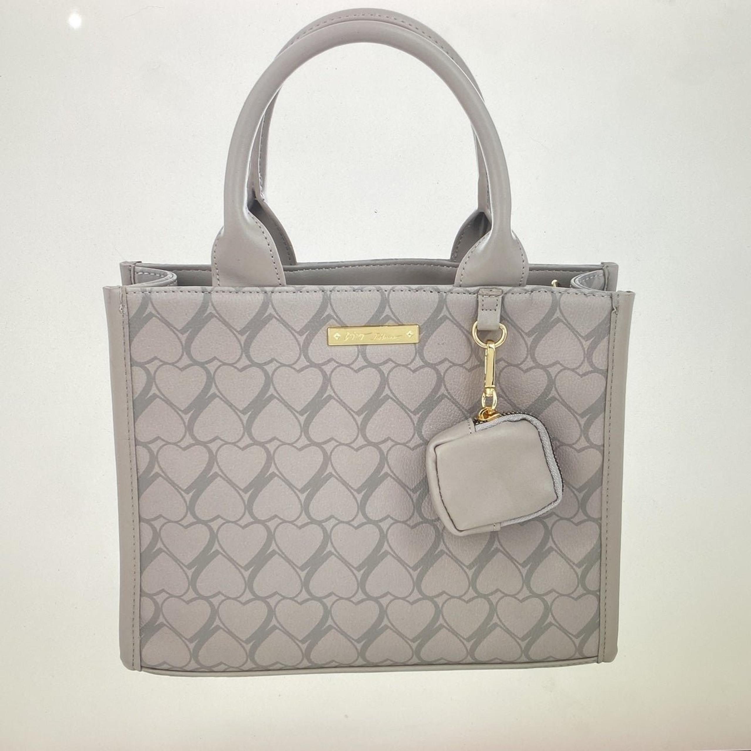 Betsey Johnson Faux Leather Pebbled Texture Heart Grey Satchel w Pouch