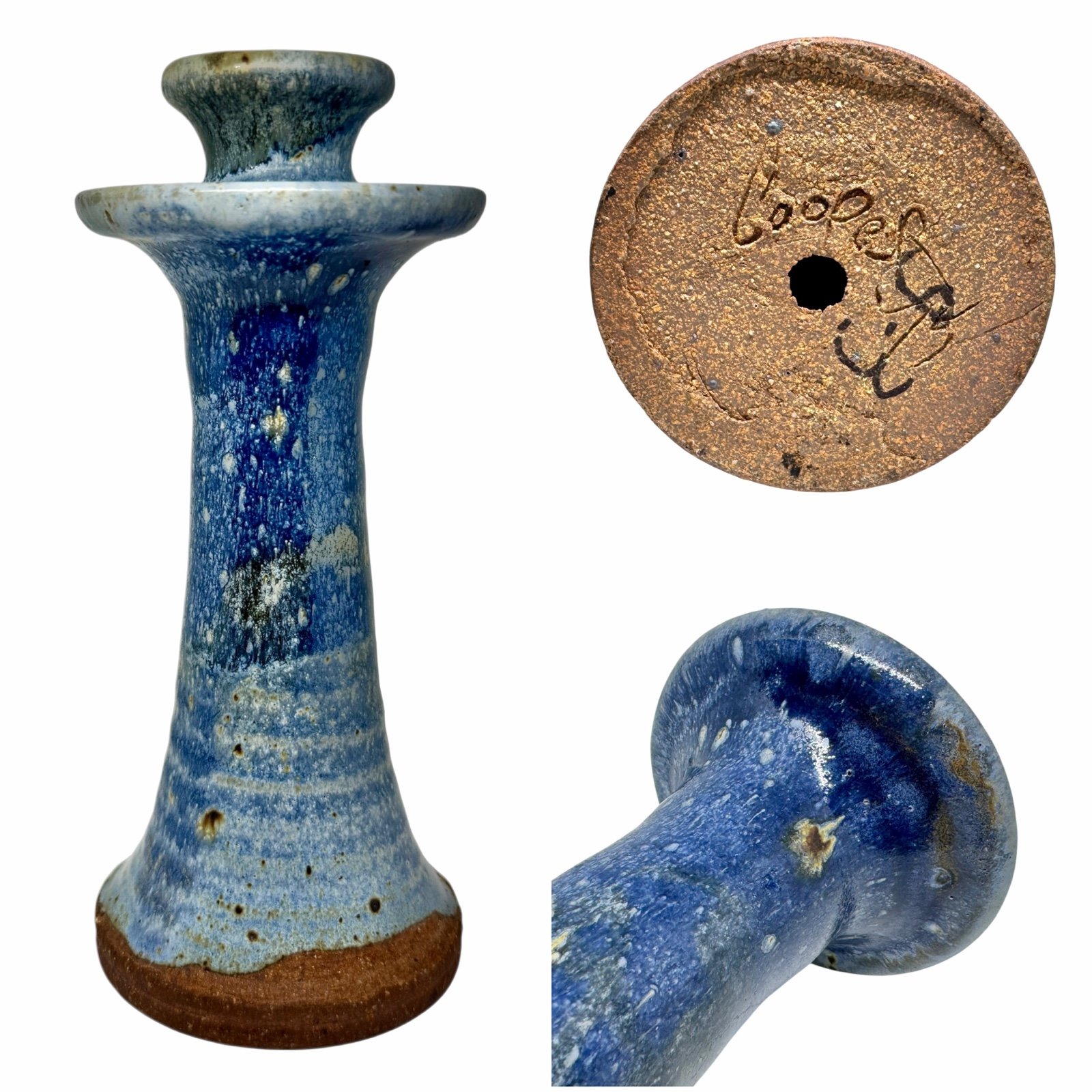 Vintage J.R. Cooper Stoneware Hand Made Pottery Glazed Blue Candle Holder 8.75”