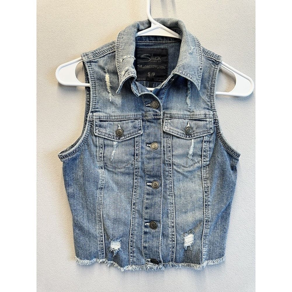 Silver Vest Women's Small Blue Jean Denim Cropped Moto Trucker Biker Distressed