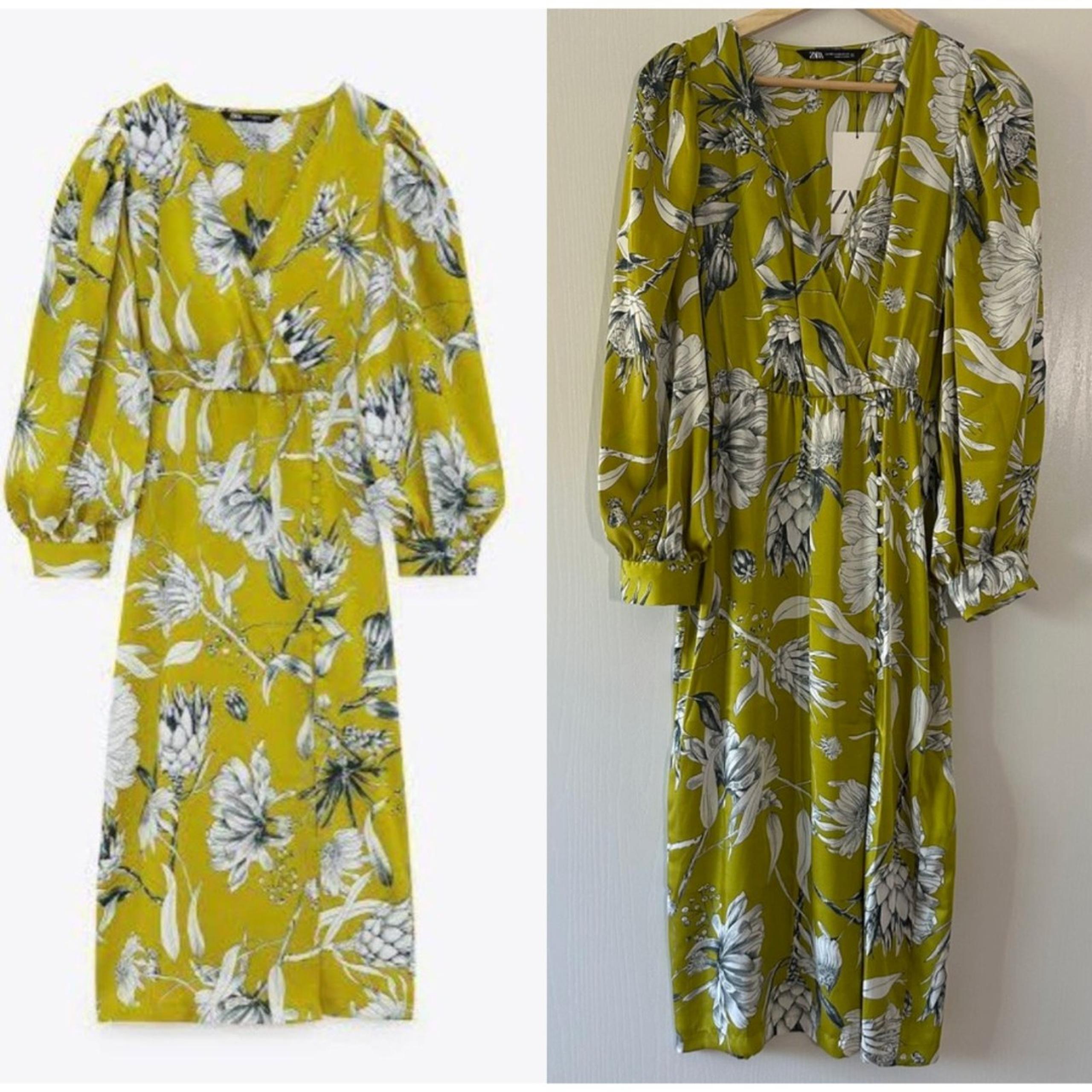 Zara Womens Floral Printed Satin Midi Long Sleeve Green Silky Dress Size XS NWT