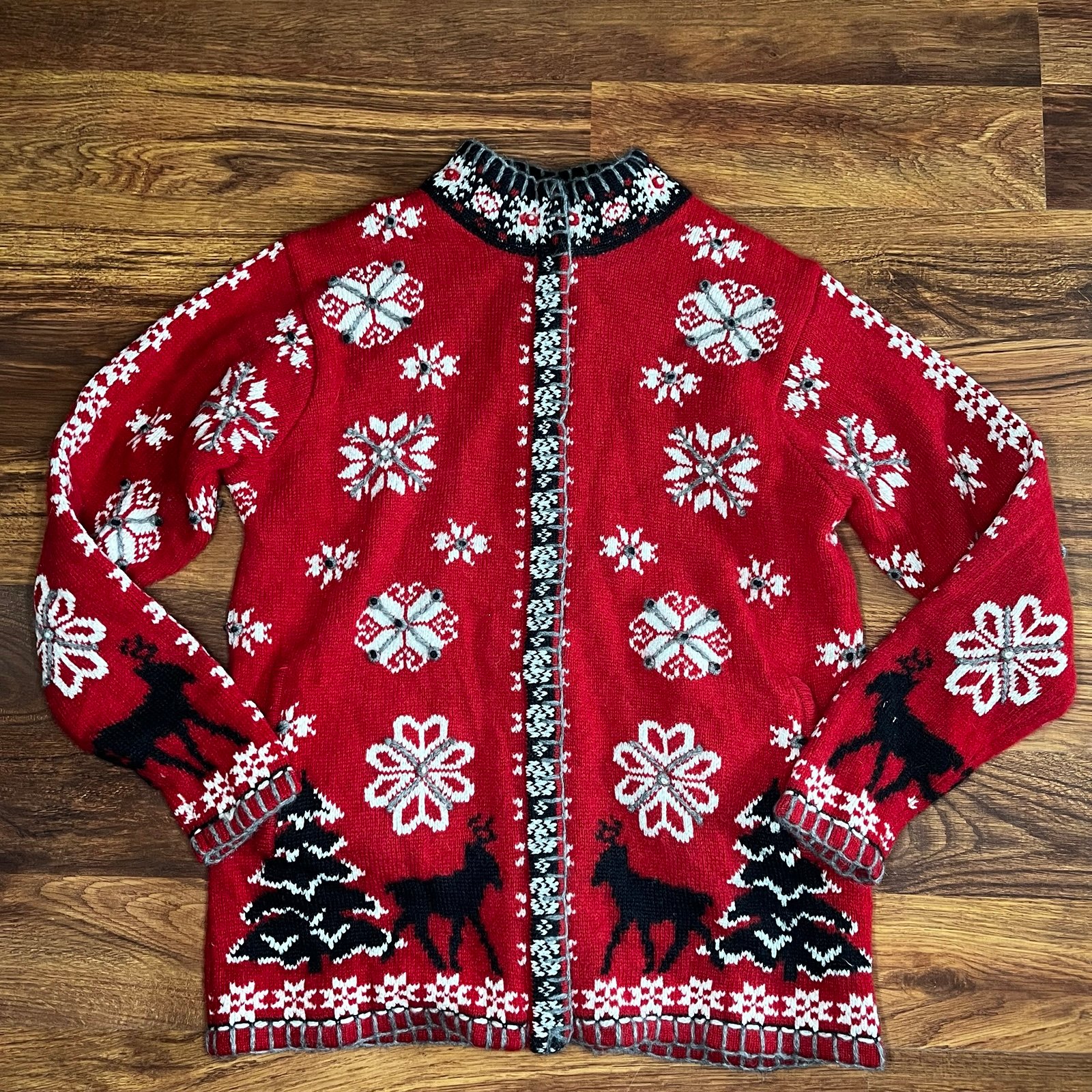 Nordic Design Wool Knit Cardigan Full Zip Snowflake Pine Tree Reindeer Sweater