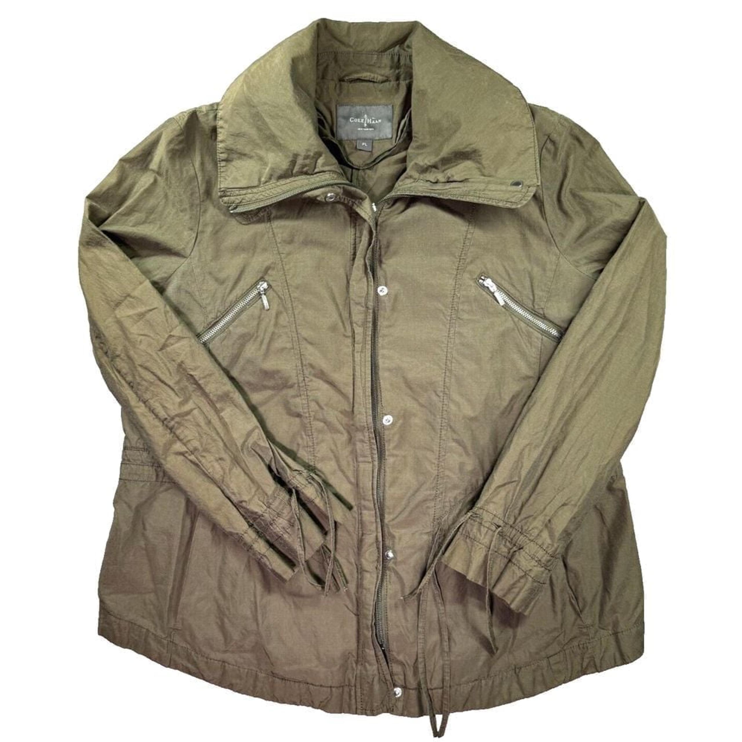 Cole Haan Jacket Womens PL Green Barn Rain Parka Metal Military Zippers Ski Hunt