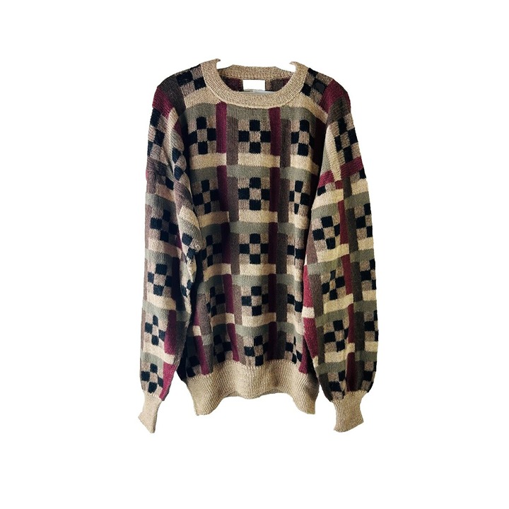 Vintage 90s Mens Large Handmade Alpaca Wool Geometric Knit Sweater Streetwear