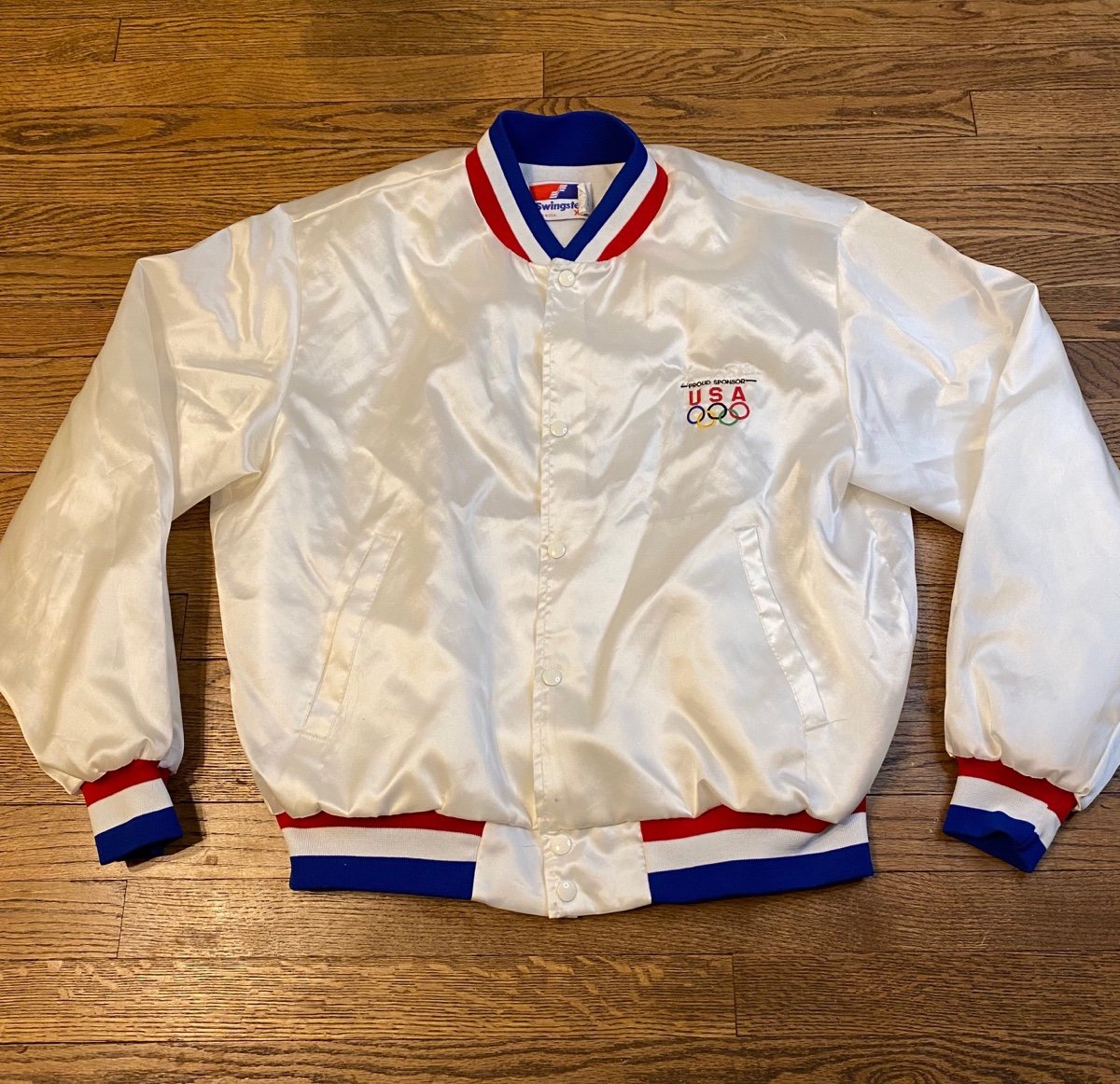 Vintage USA Olympics Swingster Satin Front Button Snap size XL