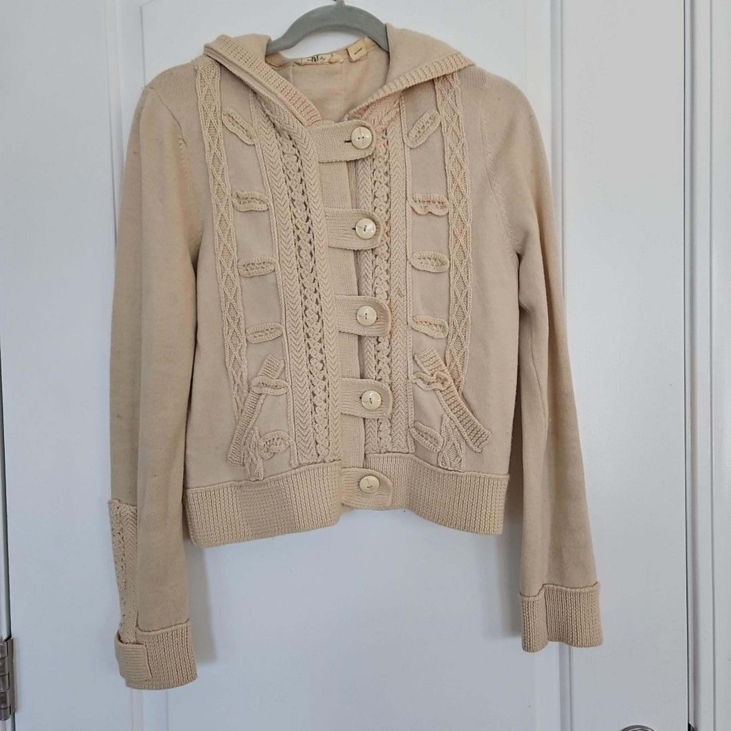 Anthropologie Lia Molly Wool Cream  Knit Cardigan Hood & Button Tab Closures Med