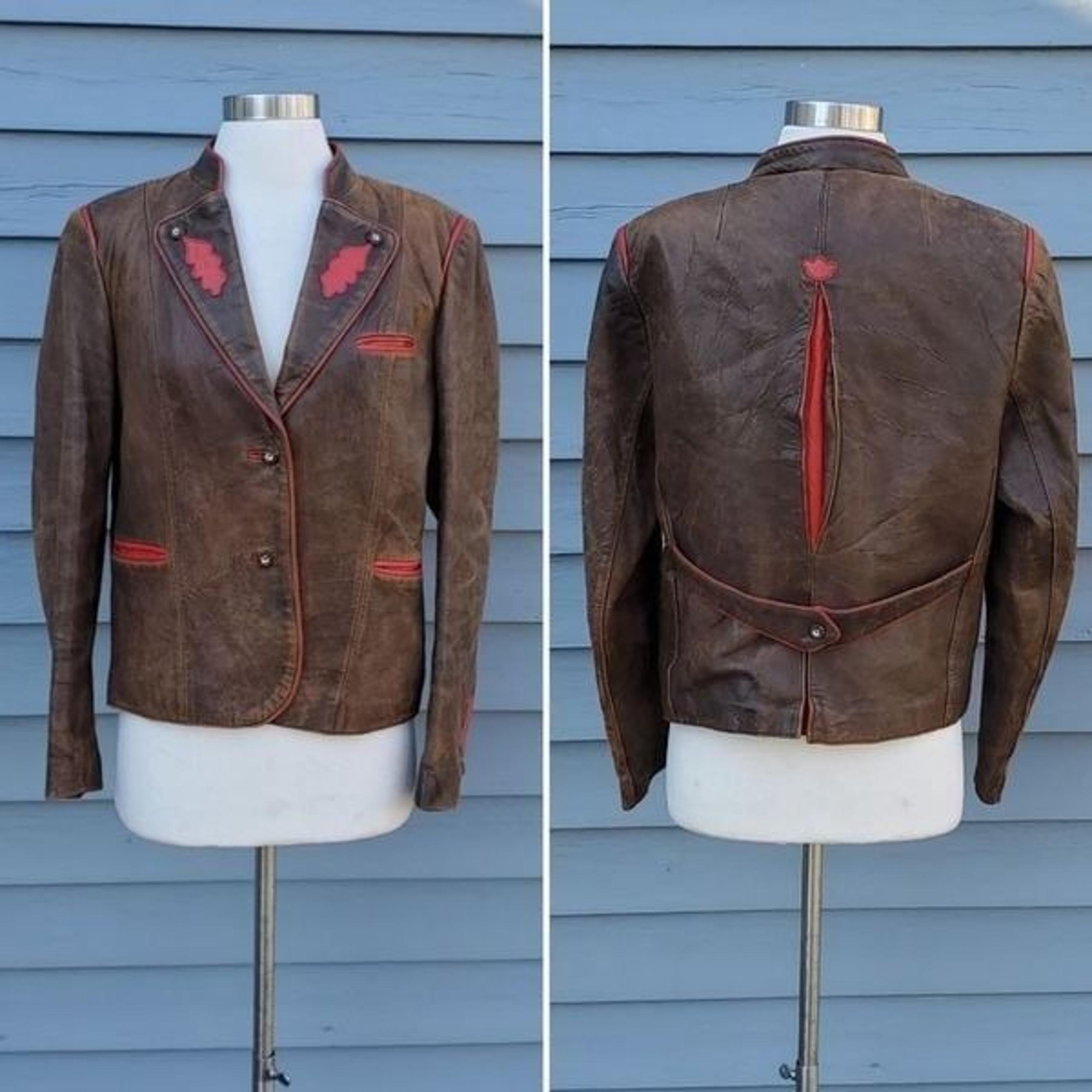 Vintage German Austrian Leather Trachten Jacket Hunting Oktoberfest Lederhosen L