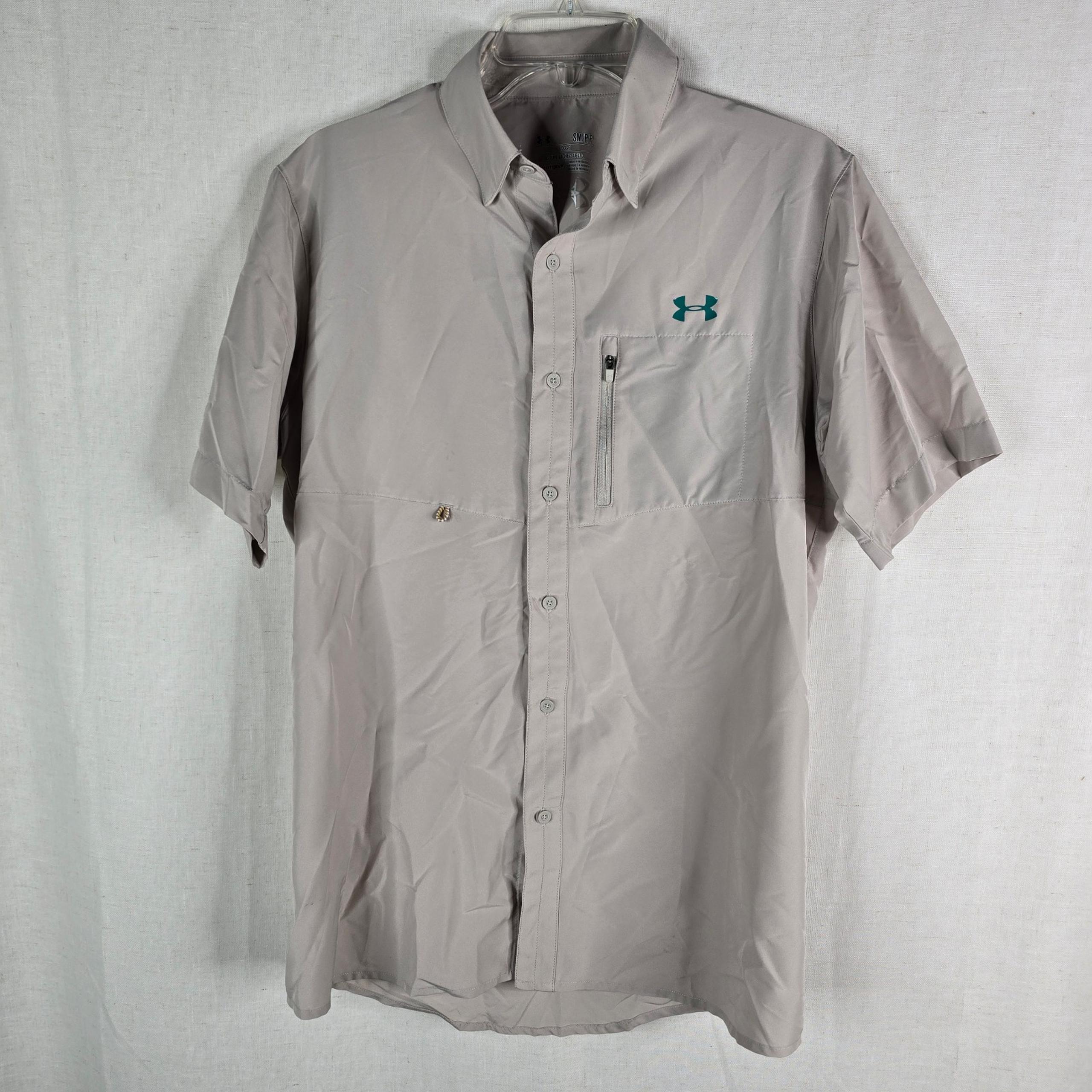 Under Armour Mens Small Loose Fit Heat Gear Tan Vented Fishing Button Up Shirt