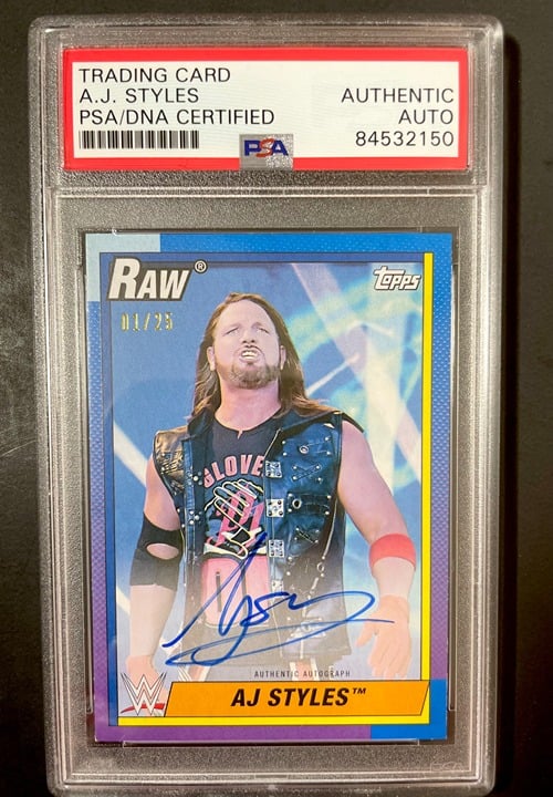 AJ Styles Signed 2021 Topps Heritage WWE Trading Card #01/25 PSA DNA Slabbed