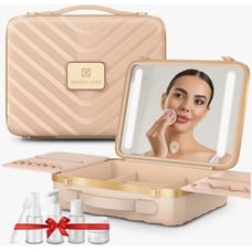 EASYINBEAUTY Travel Makeup Case with Lighted Mirror, Rechargeable LED Makeup Mir