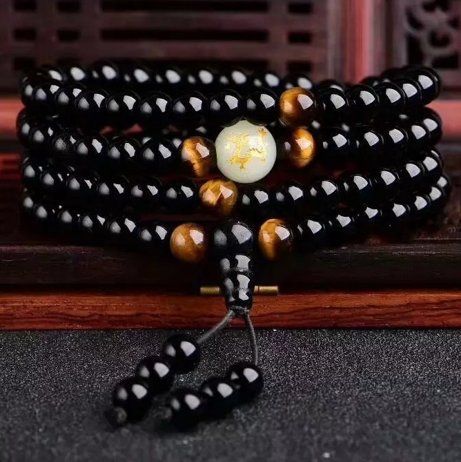 Natural Obsidian Mala Bracelet-Tiger's Eye Bracelet-108 Mala Beads Necklace