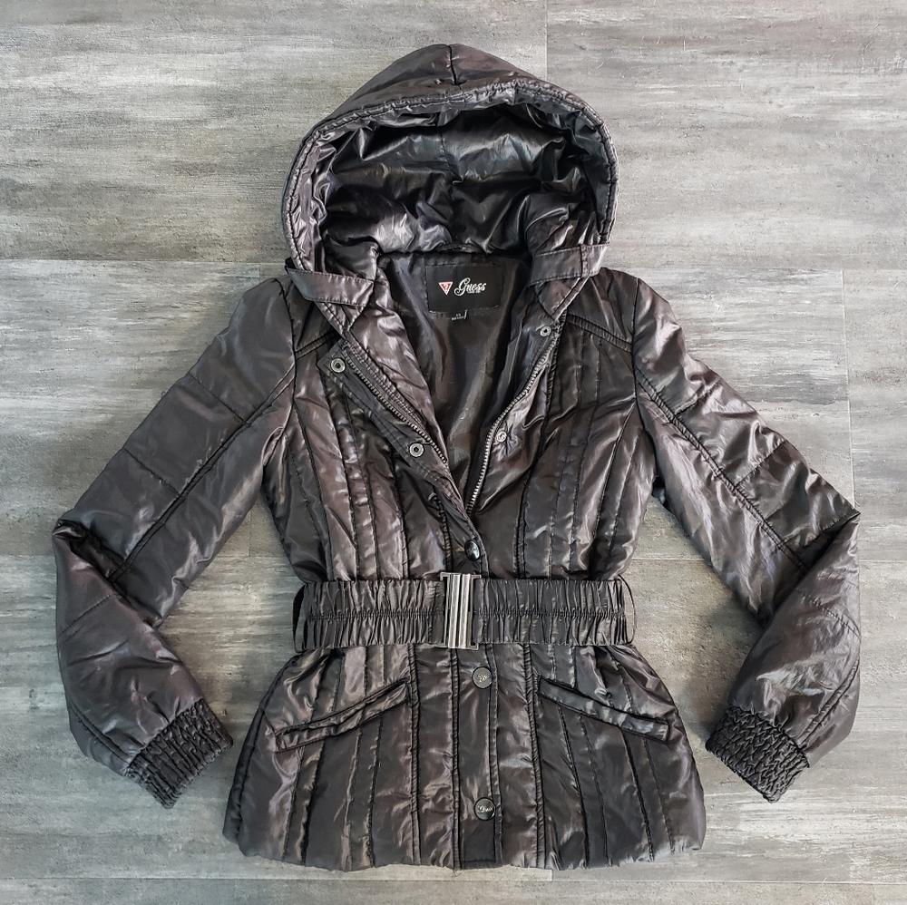 Black Detailed Puffer Guess Zip Up w/Belt