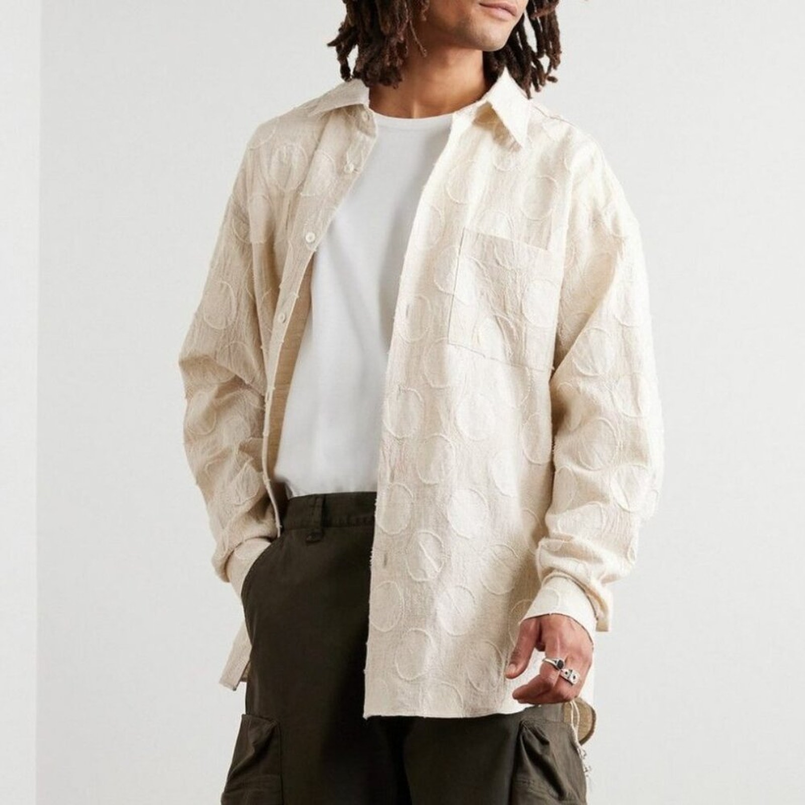 Merely Made Men's Neutral Cotton and Linen-Blend Jacquard Shirt Size Large