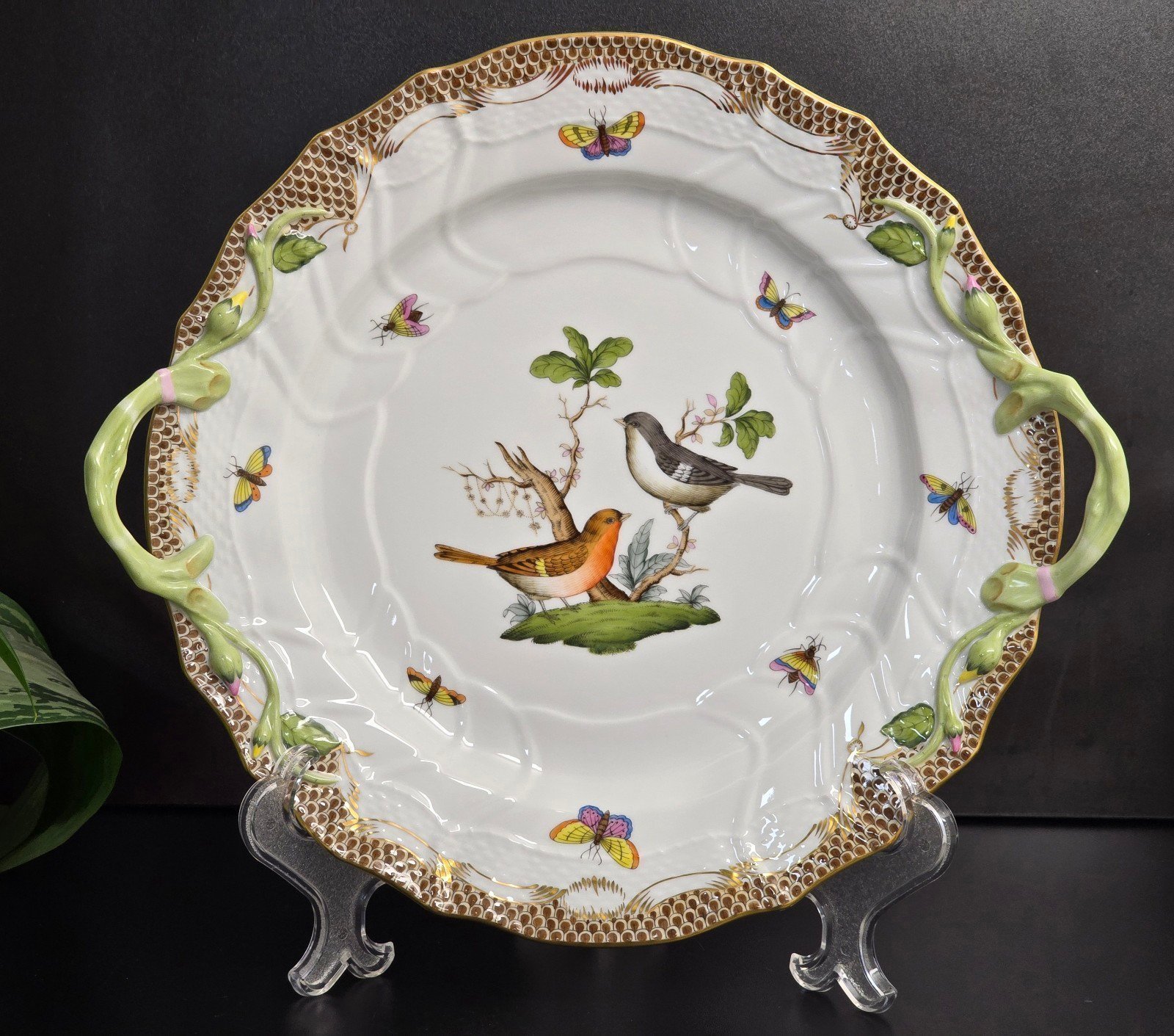 Herend Rothschild Bird Borders Brown Fish Scales Chop Plate with Handles