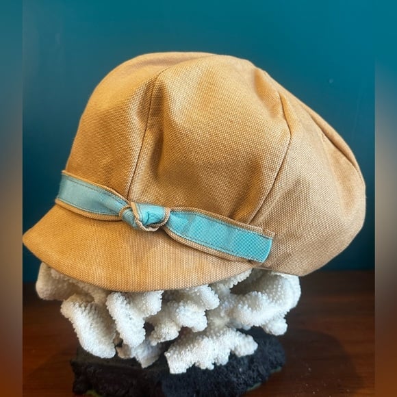 NWOT - Handmade Cap in Camel with Blue Grosgrain Ribbon Knot/Bow Detail
