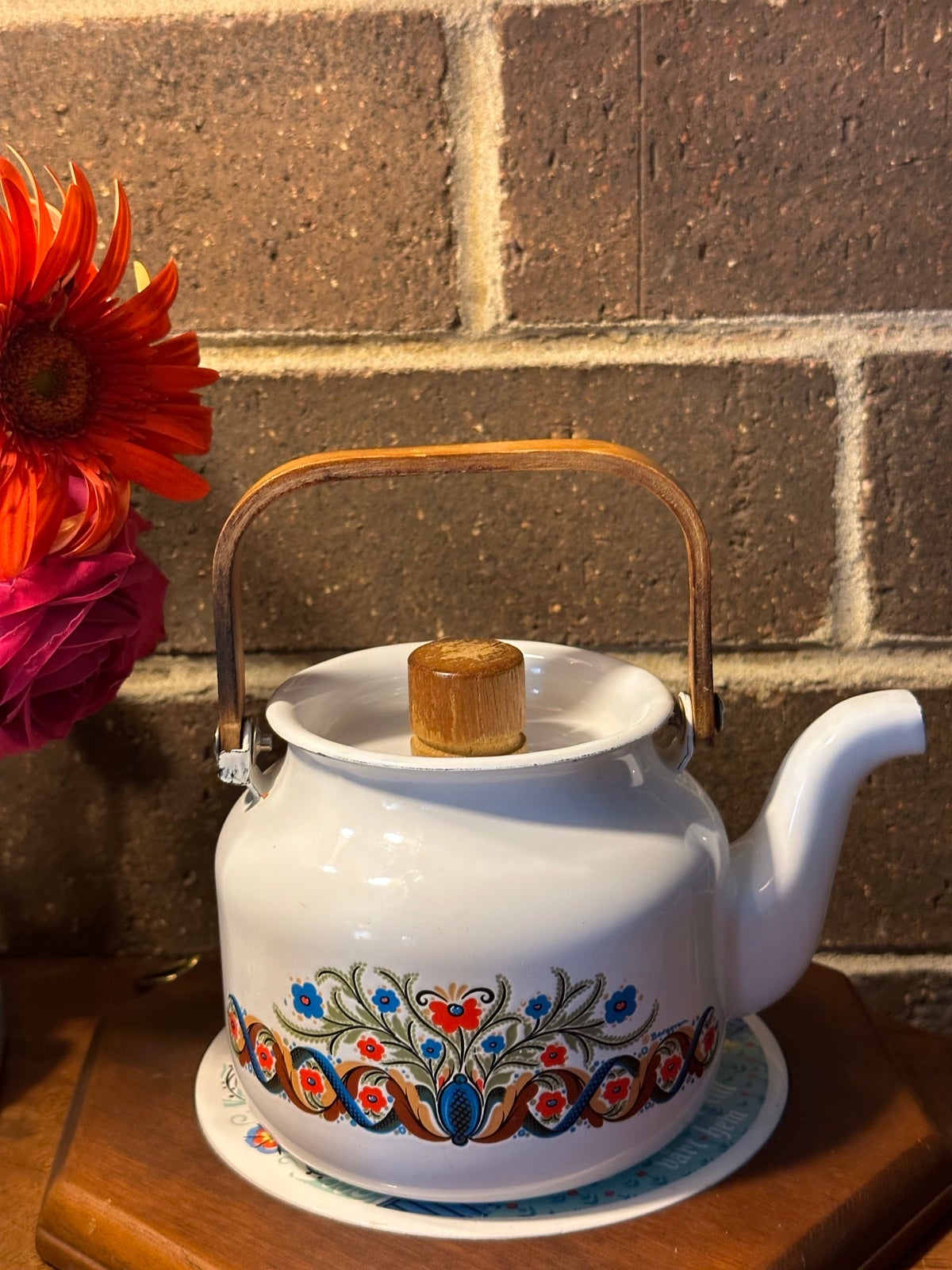 Folk Vintage Swedish Berggren rosemaled enamelware Tea Kettle